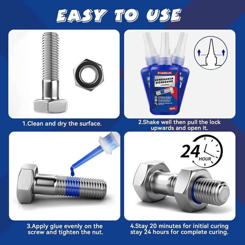 Bondtech Thread Lock Blue and Red, Threadlocker Medium and High Strength, Thread Locker for Nuts, Bolts, Fasteners and Metals, Against Losening and Leakage (Medium-50ml2pack) - Image 5